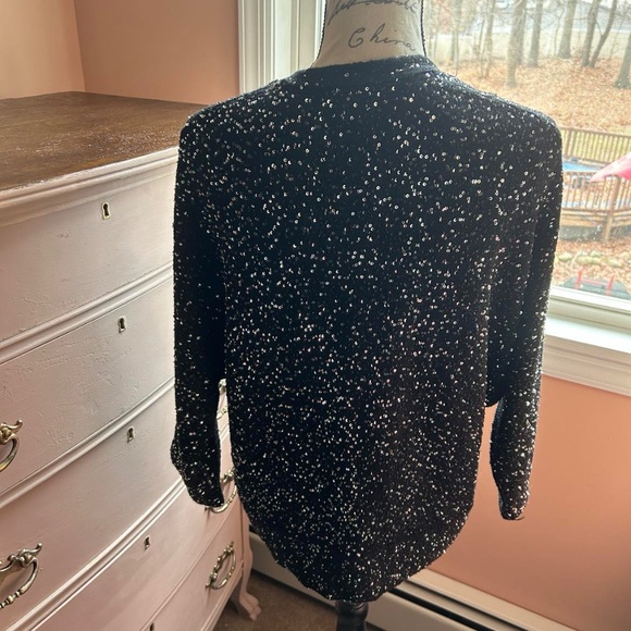 Express Black Silver Sequin Open Front Sweater Cardigan Jacket Holiday Party - Picture 2 of 7